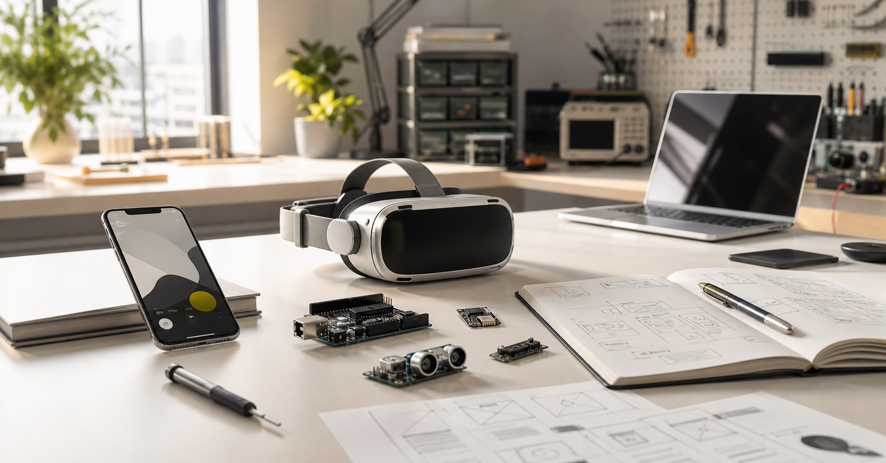 Светлая инженерная рабочая зона с телефоном, VR-гарнитурой, платами прототипа и эскизами интерфейса.